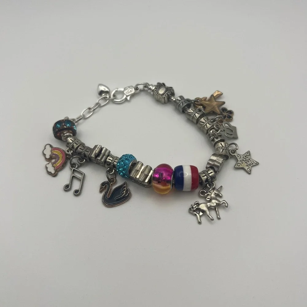 Silver Tone European Charm Bracelet‎ Mixed Glass Beads Rainbow Unicorn